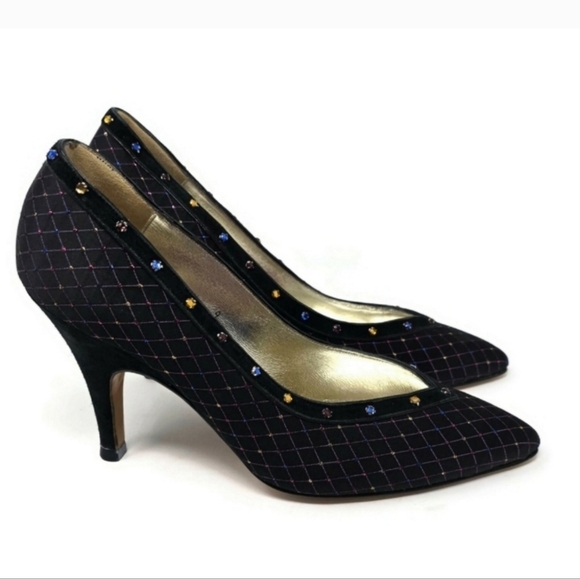 Vintage 80's Susan Bennis Warren Edwards Satin Rhinestone Jewel Pump 9 - Picture 1 of 14
